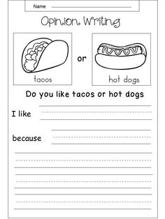 an opinion writing worksheet for kids with hot dogs and buns on it