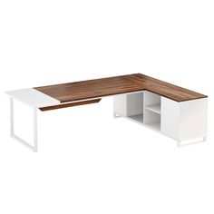 an office desk with a wooden top and white legs