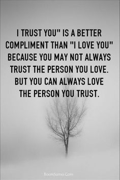 a black and white photo with a tree in the fog, saying trust you is better compliment than i love you because you may not always trust