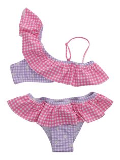 Daisy 2-piece bikini with white and purple checked pattern, ruffle detail, adjustable strap.Composition: 80% POLYESTER 20% ELASTANE Summer Gingham Swimwear With Ruffles, Gingham Swimwear With Ruffles For Poolside, Gingham Ruffled Swimwear For Poolside, Gingham Swimwear With Ruffles For Vacation, Gingham Ruffled Swimwear For Vacation, Vacation Gingham Swimwear With Ruffles, Fitted Gingham Playful Swimwear, Purple Ruffled Swimwear For Swimming, Purple Ruffled Swimwear For Beach Season