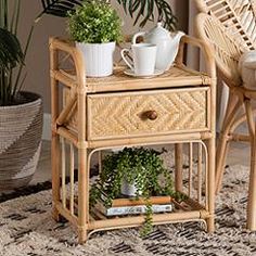 Curves and linear designs blend in natural brown finish rattan as this modern boho-inspired one-drawer nightstand impresses. 23 1/2" high x 17 3/4" wide x 11 3/4" deep. Weighs 9 lbs. Modern bohemian one-drawer rattan nightstand from Kobie collection by Baxton Studio. Style #3916C at Lamps Plus. Cali Apartment, Bohemian Nightstand, Boho Nightstand, Boho Side Table, Rattan Nightstand, Bedroom 2024, Best Bedroom Designs, Bedroom Arrangement, Toddler Bedroom