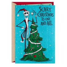 a christmas card with an image of a skeleton on top of a tree, and the words scary christmass to one and all