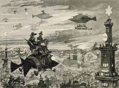 an image of people riding on the back of a horse in front of a city