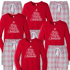 Jesus is the Reason Christmas Pajamas Outfit the whole family. Nothing says Christmas matching Jesus family pajamas...say cheese! This festive flannel set comes with a luxe 100% cotton t-shirt and plaid flannel pajama bottoms. Put the family to bed in their Christmas pjs and let them rip open those packages Christmas morning. Your options are endless. This cozy pajama set is so comfortable it will be your go to uniform all winter break long. Set includes a long sleeve t-shirt printed with the Je Christmas Pajamas Outfit, Reason For The Season Christmas, Christmas Family Pajamas, Pajamas Outfit, Flannel Pajama Bottoms, Flannel Pjs, Pajama Outfit, Christmas Matching, Adult Pajamas