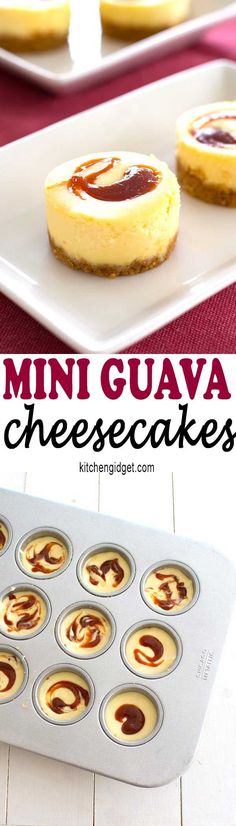 mini guava cheesecakes on a white plate with the title overlay above it