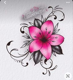 a pink flower with black leaves on it's side and the words tattoo stencil