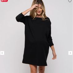 A Basic Maternity Long Sleeve Shirt Dress With A Round Neckline, Relaxed Shoulder, And Two Side Slits. 100% Cotton Size + Fit Length: 35" Sleeve Length: 16" Casual Long Sleeve Dresses With Side Slits, Spring Black Dresses For Loungewear, Black Spring Loungewear Dress, Black Dress For Spring Loungewear, Casual Black Midi Dress With 3/4 Sleeves, Black Mini Dress For Spring With Relaxed Fit, Black Relaxed Fit Mini Dress For Spring, Black Long Sleeve Midi Dress With Side Slits, Black Midi Dress With Long Sleeves And Side Slits