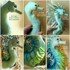 four different pictures of seahorses made out of clay and paper mache, with instructions on how to paint them