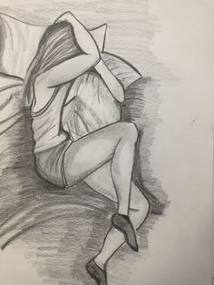 a pencil drawing of a woman laying on a bed with her head resting on the pillow