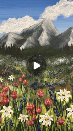 a painting of flowers and mountains in the background with an arrow pointing up at it