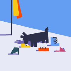 a black dog standing on top of a snow covered slope next to a flag pole