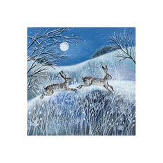 two rabbits running through the snow in front of trees and a full moon at night