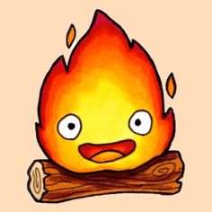 a drawing of a cartoon fire with eyes on it's face, sitting on top of a piece of wood