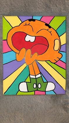 a painting of an orange cartoon character with his mouth open and tongue out, in front of a multi - colored background