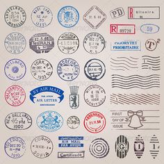 an assortment of various stamps with different colors and sizes