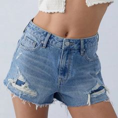 Pacsun Eco Medium Indigo Ripped High Waisted Denim Festival Shorts Size 28 Cute, Edgy, And Sustainable, These Classic High-Waisted Shorts Feature A Frayed Hem And Ripped Details Throughout For An Edgy Update. A Zip Fly Closure And A 5-Pocket Body Round Out These Relaxed-Fitting Denim Shorts. Waist 15 Inches Rise 12 Inches New With Tags! Ripped Stretch Bottoms For Day Out, Stretch Ripped Bottoms For Day Out, Ripped High Rise Summer Bottoms, Summer Ripped Mid-rise Bottoms, Ripped High Waist Summer Jeans, Ripped Mid-rise Summer Bottoms, Ripped High-waist Bottoms For Day Out, Ripped Mid-rise Bottoms For Summer, Summer Style Ripped Mid-rise Bottoms