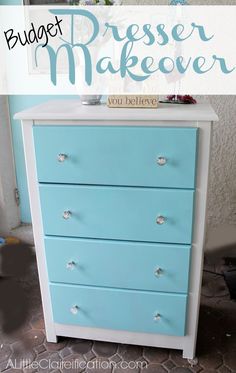 a blue dresser with the words budget dresser makeover over it's top and bottom