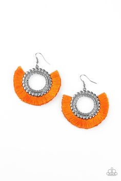 Neon orange thread flares out from the bottom of a bubbly silver hoop, creating a vivacious fringe. Earring attaches to a standard fishhook fitting. Sold as one pair of earrings. P5SE-OGXX-130XX Paparazzi Accessories Jewelry, Fringe Earring, Orange Earrings, Neon Purple, Paparazzi Accessories, Exclusive Jewelry, Paparazzi Jewelry, Fringe Earrings, Neon Orange