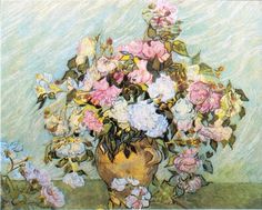 a painting of pink and white flowers in a vase