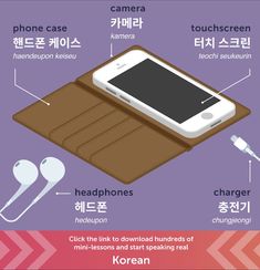 an info board showing the different parts of a cell phone and its features in korean