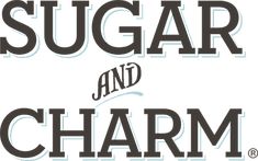 the words sugar and charm are shown in black on a white background with red lettering