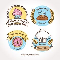 four bakery shop logos with doughnuts, bread and wheat wreaths on them