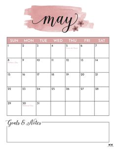 a calendar with the word may written in pink and black ink, on a white background