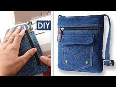 someone is sewing on the side of a denim bag with zippers and two pictures show how to sew