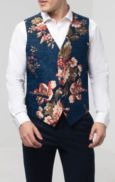 Please note: The pattern may differ from the image shown due to the nature of the fabric. Patterned Wedding Suit, Koti Jacket, Brocade Waistcoat, Brocade Vest, Deep Blue Background, Floral Suit, Formal Ideas, Prom Outfit