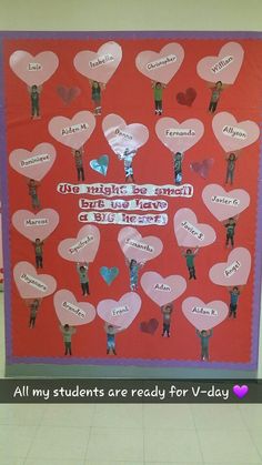 a bulletin board with people holding hearts and words in the shape of heart shaped speech bubbles