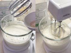 two pictures showing how to make cream in a blender