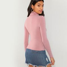 Pink Turtleneck Long Sleeve T-Shirt Blouse - Uniqistic.com High Neck Pattern, Lace Vest Top, Pink Turtleneck, Butterfly Sleeve Blouse, Turtleneck T Shirt, High Neck Designs, Lace Sleeveless Top, Turtleneck Long Sleeve, Form Fitting Dress