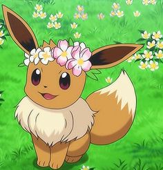 a pokemon pikachu standing in the grass with flowers on her head and eyes closed