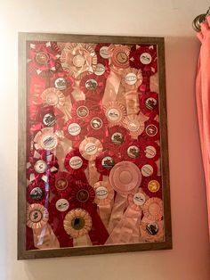 a wall hanging on the side of a building with ribbons and badges attached to it