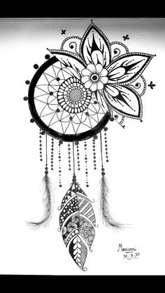 a black and white drawing of a dream catcher with feathers on it's side