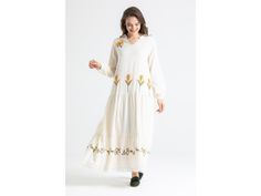 Women's Cream Linen Long Sleeve Embroidered Long Dress, Boho Linen Long Dress, Versatile Bohemian Dress, Bohemian Linen Long Dress Dear Customer, 🌟 Welcome to NancysSandals Etsy! We're thrilled to introduce our Women's Cream Linen Long Sleeve Embroidered Long Dress - a stunning piece that exudes grace and sophistication.  💃 Embrace timeless elegance with this dress, meticulously crafted from high-quality cream linen fabric. The long sleeves provide a touch of modesty, while the intricate embro Cream Bohemian Maxi Dress With Floral Embroidery, Bohemian Cream Maxi Dress With Floral Embroidery, Folk Style Cream Dress For Spring, Cream Folk Dress For Spring, Folk Style Long Sleeve Maxi Dress With Floral Embroidery, Casual Maxi Dress With Embroidered Hem, Spring Folk Cream Dress, Traditional Boho Long Sleeve Dress For Spring, Traditional Long Sleeve Boho Dress For Spring