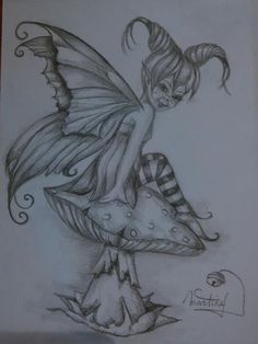 a drawing of a fairy sitting on top of a mushroom