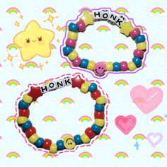 two bracelets that say honk and smiley face with hearts, stars, and rainbows in the background