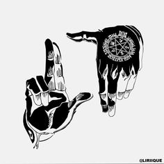 two black and white hand prints with one holding the peace sign