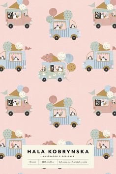 a pink and blue wallpaper with an animal themed bus on it's side