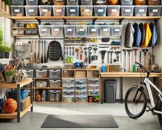 an organized garage with lots of storage and tools on the wall, including a bicycle