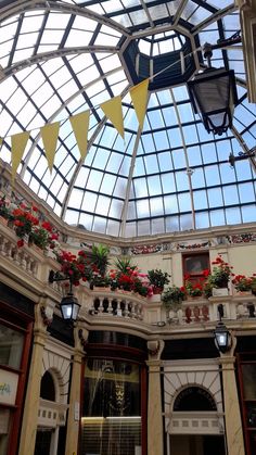 the inside of a building with many windows and plants hanging from it's ceiling