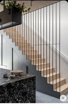 there is a plant on the table next to the stairs in this modern house with wood and metal railings