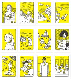 nine yellow and white cards with images of people