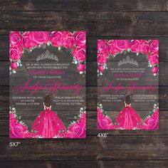 two pink roses are on the front and back of this princess birthday party invitation card