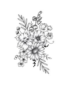 a black and white drawing of flowers