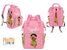 "Have you EVER seen a diaper bag THIS cute?  Our Pretty Dope personalized diaper bags are the perfect baby shower gift for any mom or dad to be!  This pink and green diaper bag features an adorable brown baby girl with a headwrap and matching mocassins on her feet!  Just give us the baby's name and we'll make it one of a kind!  The baby's name will be printed on the front and there is a special message on the bottom of the bag that reads: \"Made with love for: (baby's name)\" . This bag is not o Superhero Blanket, Baby Bag Backpack, Unicorn Bag, Baby Head Wrap, American Baby, Baby Boy Blankets, Baby Diaper Bags, Diaper Bag Backpack, Diaper Bags