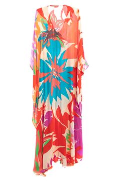 When you need a light layer, this drapey floral kaftan with a V-neckline is always the right choice. 100% rayon Hand wash, line dry Imported Model stats: 5'10" height, 32" bust, 25" waist, 36" hip. Model is wearing size One Size. V-neck Viscose Kaftan For The Beach, Casual Silk Kaftan For The Beach, Multicolor Rayon Kaftan For Spring, Spring Multicolor Rayon Kaftan, Silk Floral Print Patterned Kaftan, Patterned Silk Kaftan For Beach, Spring Beach Kaftan In Viscose, Spring Beach Viscose Kaftan, Multicolor Rayon Kaftan For The Beach