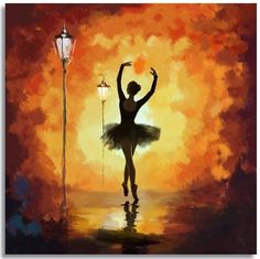 a painting of a ballerina dancing in front of a street light and lamp post