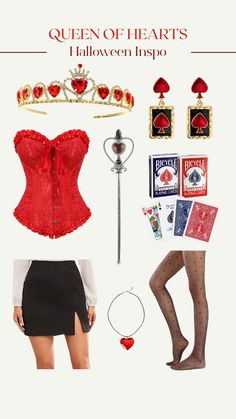 the queen of hearts costume is shown with accessories